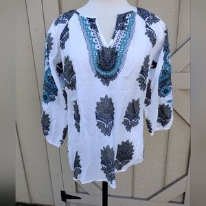 Talbots Top Womens Small Embroidered Floral Sleeves Boho Peasant Flowy Vacation